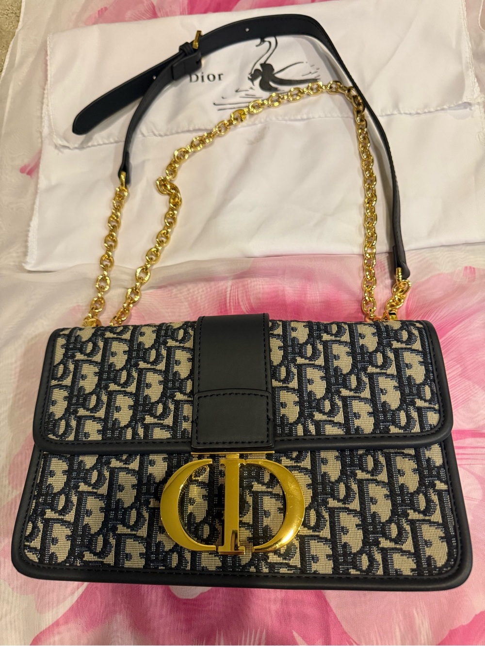 Oblique Navy Canvas Shoulder Bag with Gold Hardware